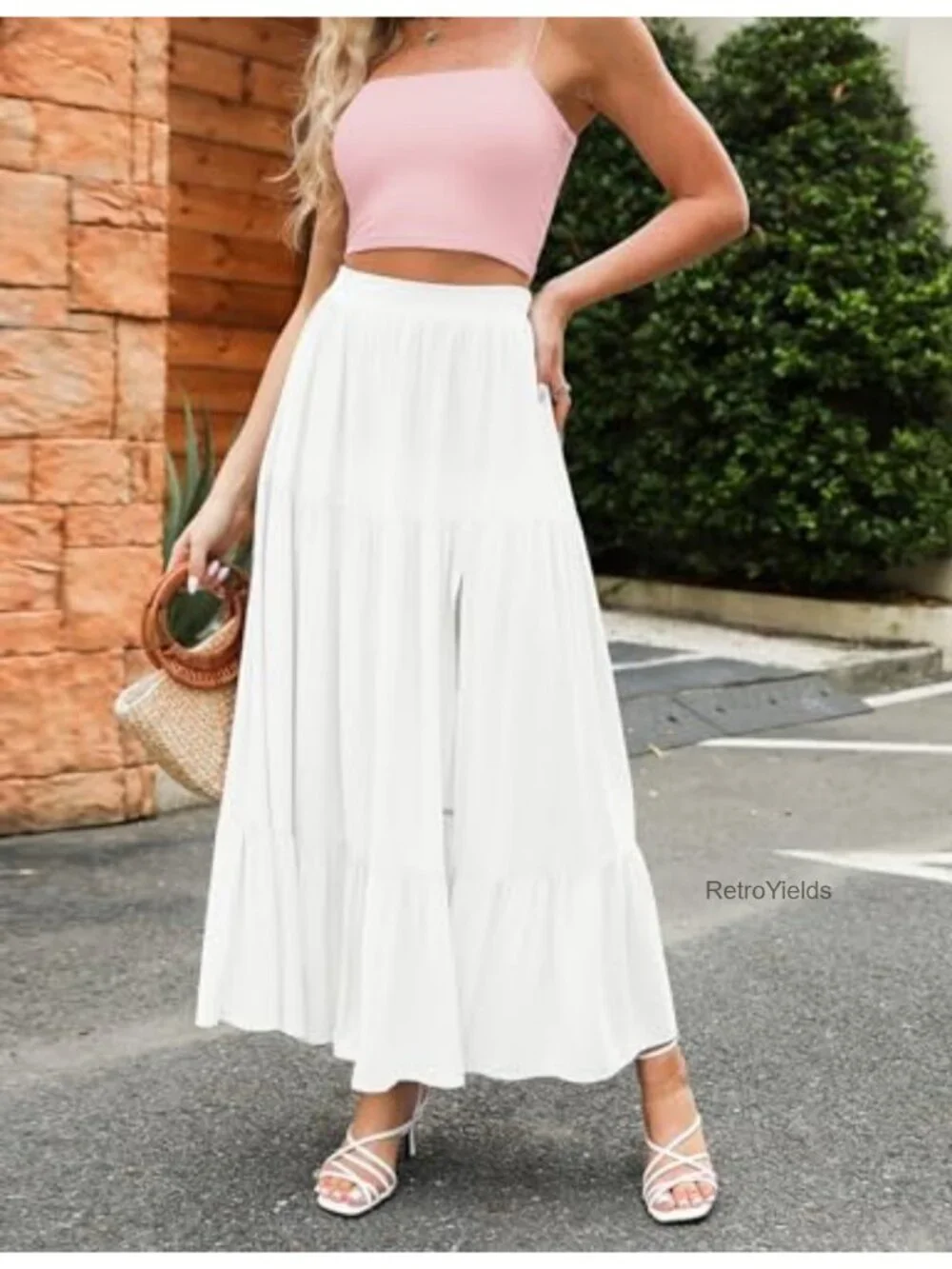 Flowy Boho Maxi Skirt with Pockets High Slit Beach Long Skirt
